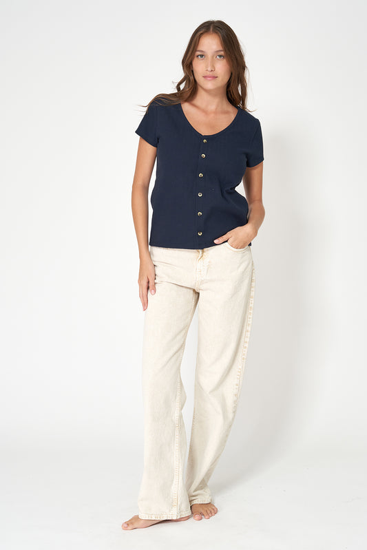 Camiseta en algodón pointelle con botones