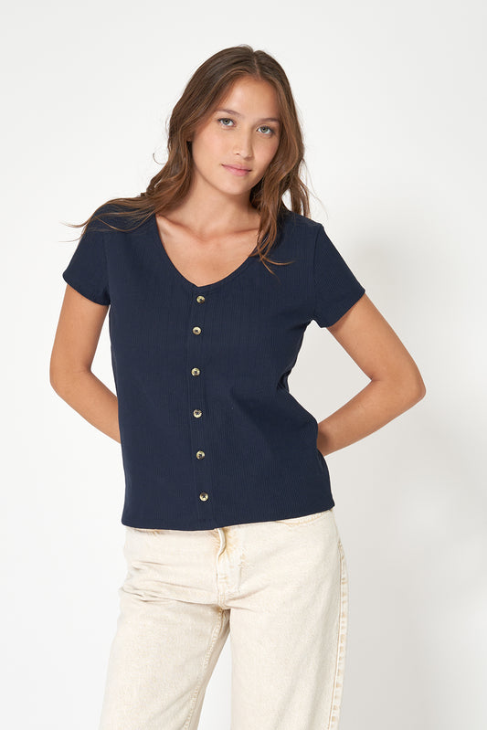 Camiseta en algodón pointelle con botones