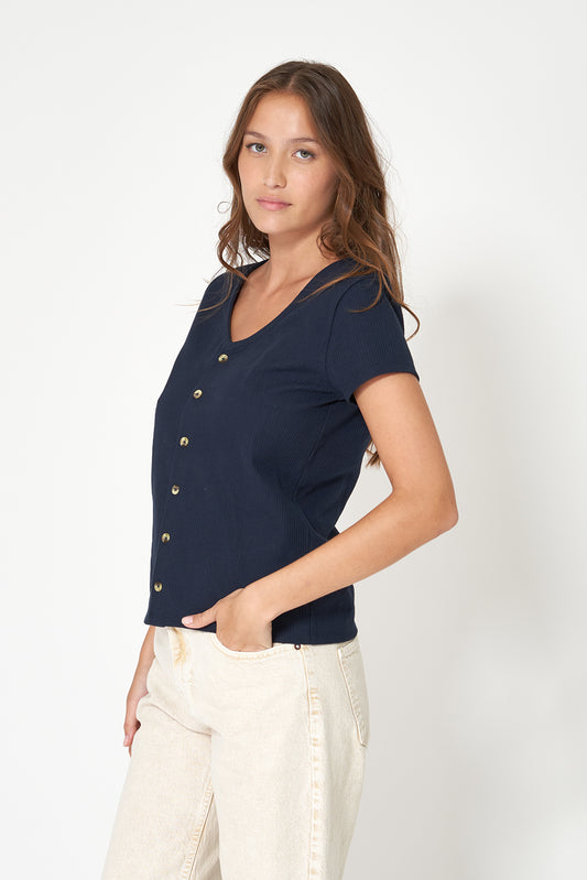 Camiseta en algodón pointelle con botones