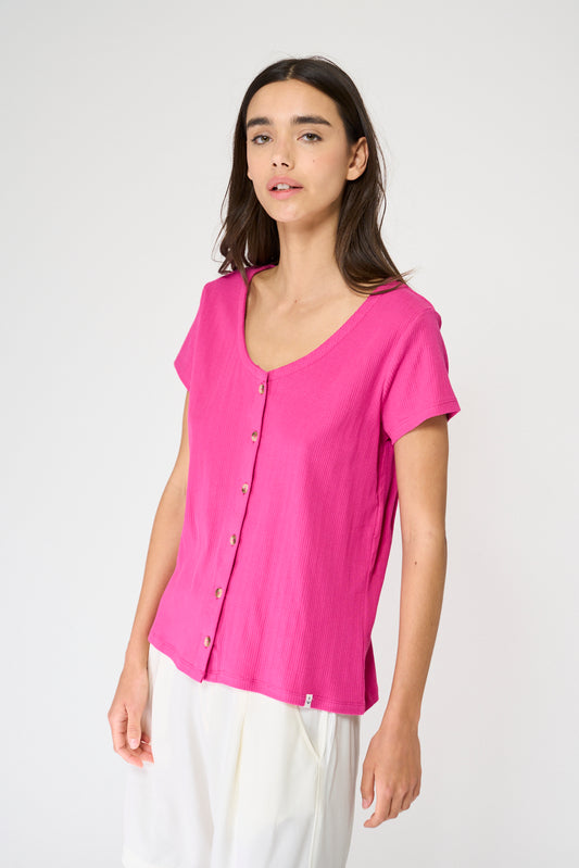 Camiseta en algodón pointelle con botones