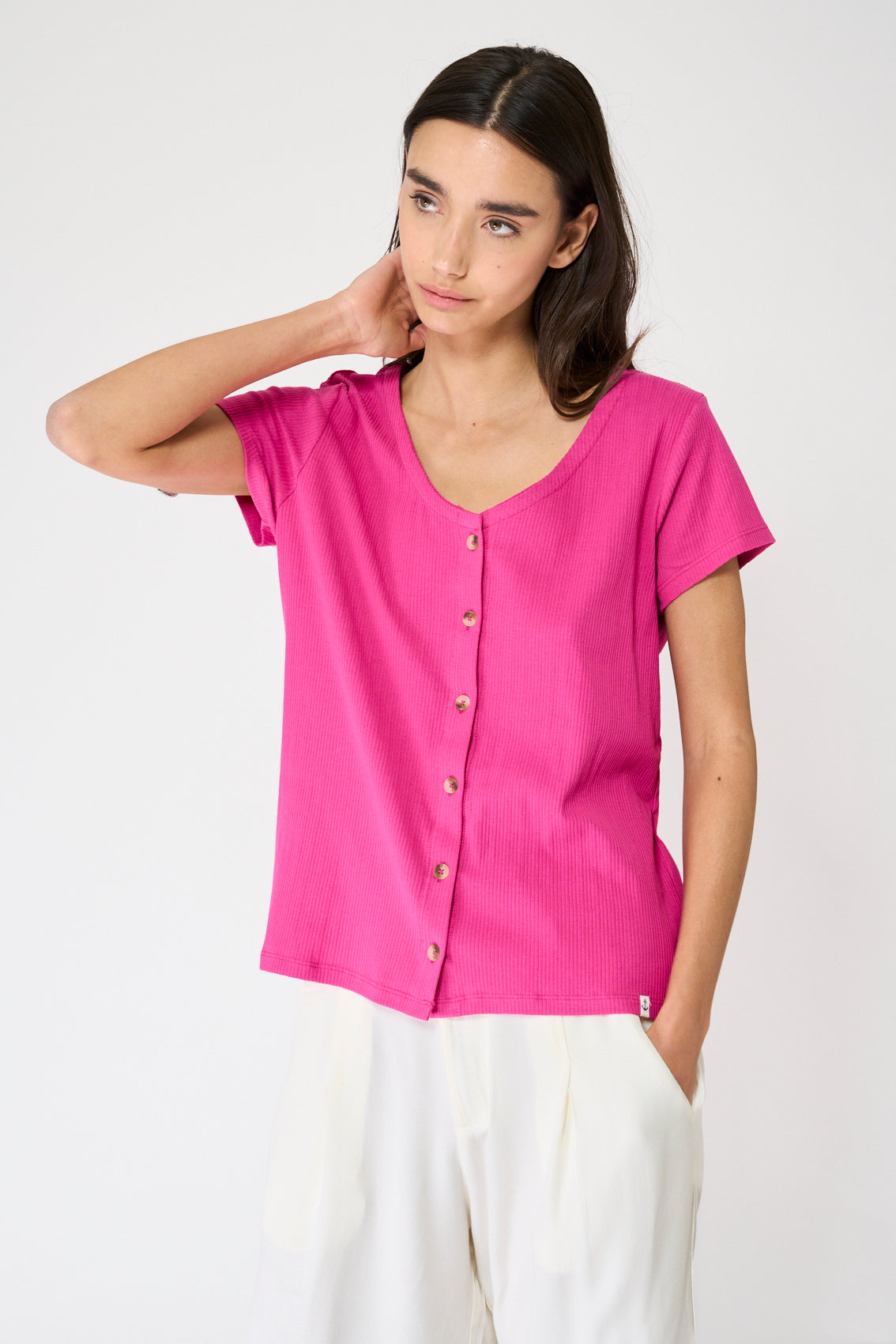 T-shirt en coton pointelle à boutons