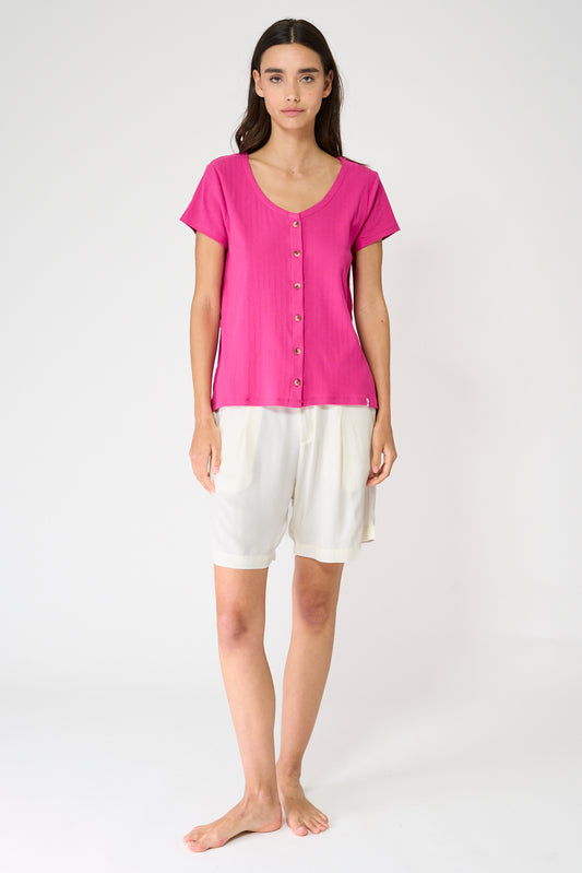 Camiseta en algodón pointelle con botones