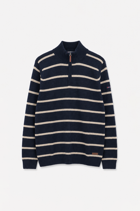 Striped knit jumper with high collar and zip