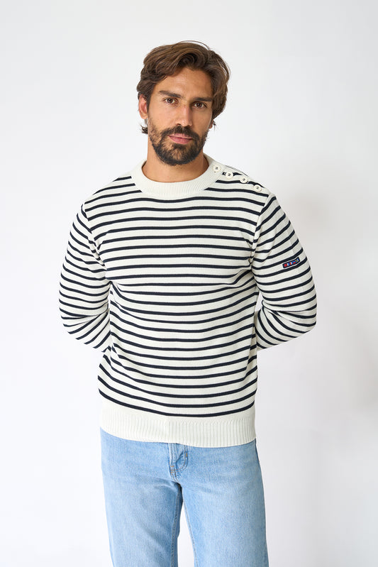 Breton wool sweater with crew neck and buttons 