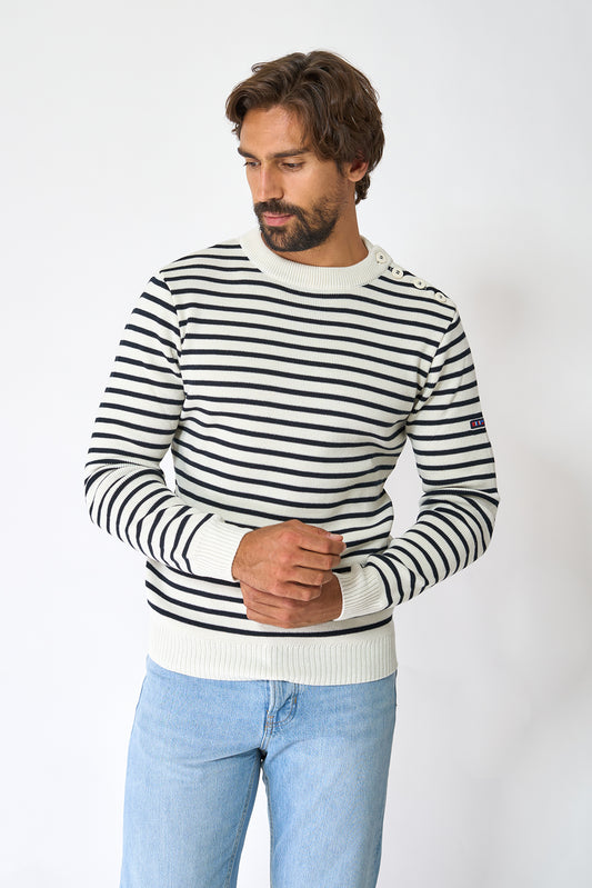 Breton wool sweater with crew neck and buttons 