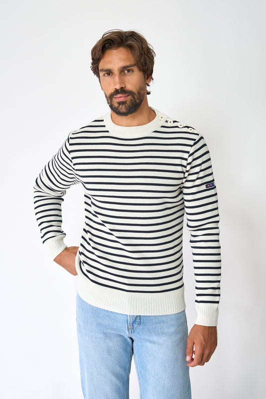 Breton wool sweater with crew neck and buttons 