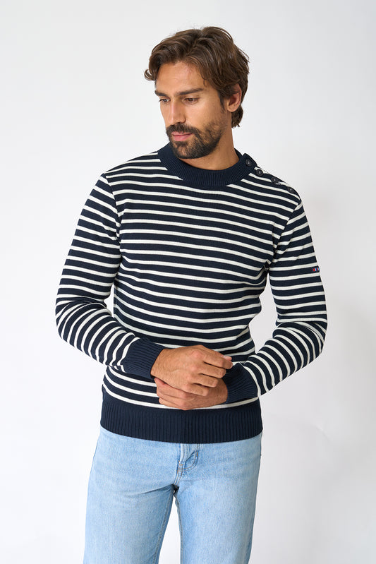Breton wool sweater with crew neck and buttons 