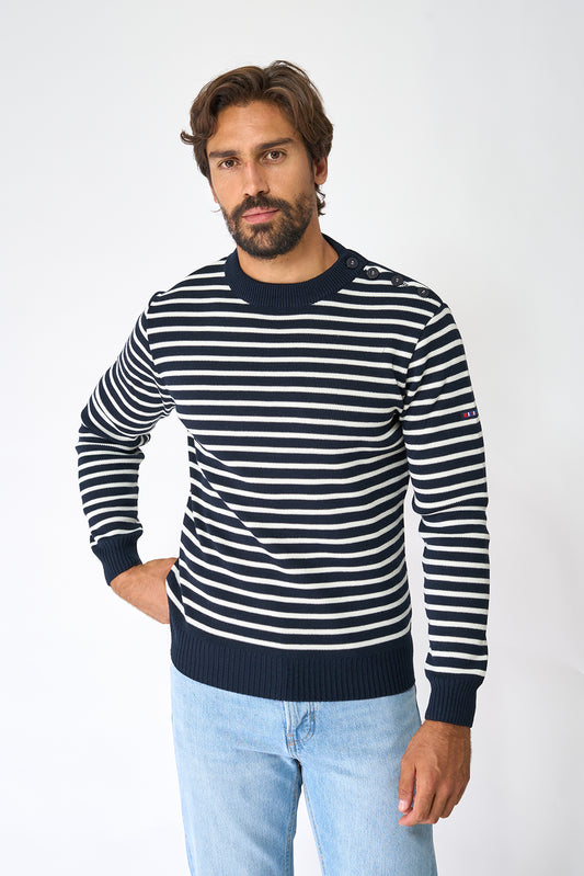 Breton wool sweater with crew neck and buttons 
