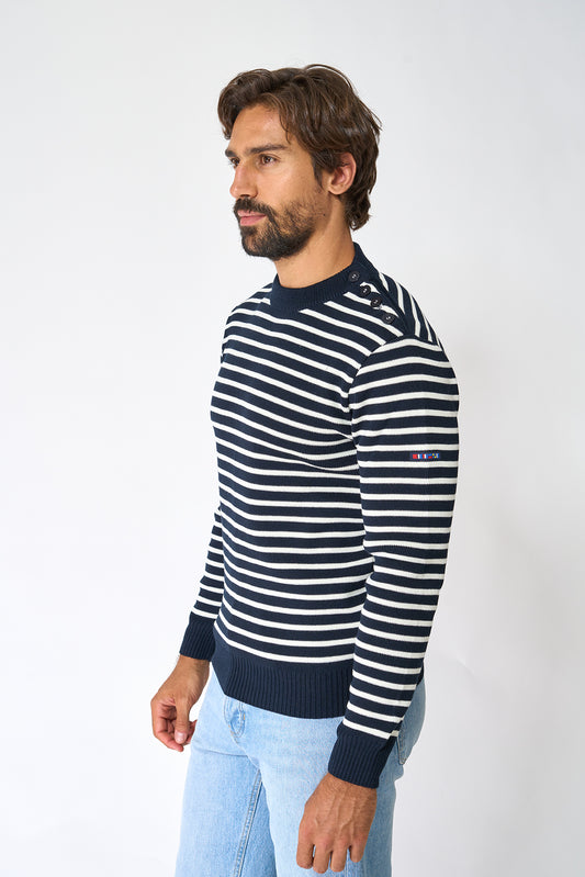 Breton wool sweater with crew neck and buttons 