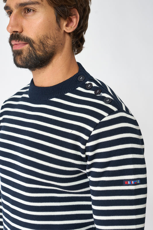 Breton wool sweater with crew neck and buttons 