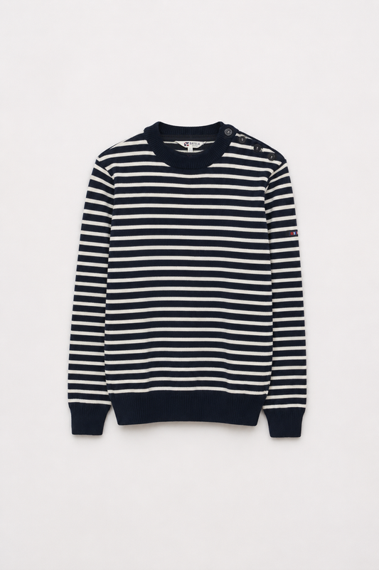 Breton wool sweater with crew neck and buttons 