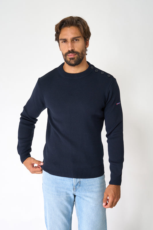 Breton wool sweater with crew neck and buttons 