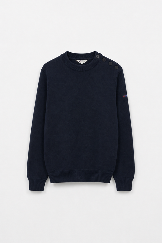 Breton wool sweater with crew neck and buttons 