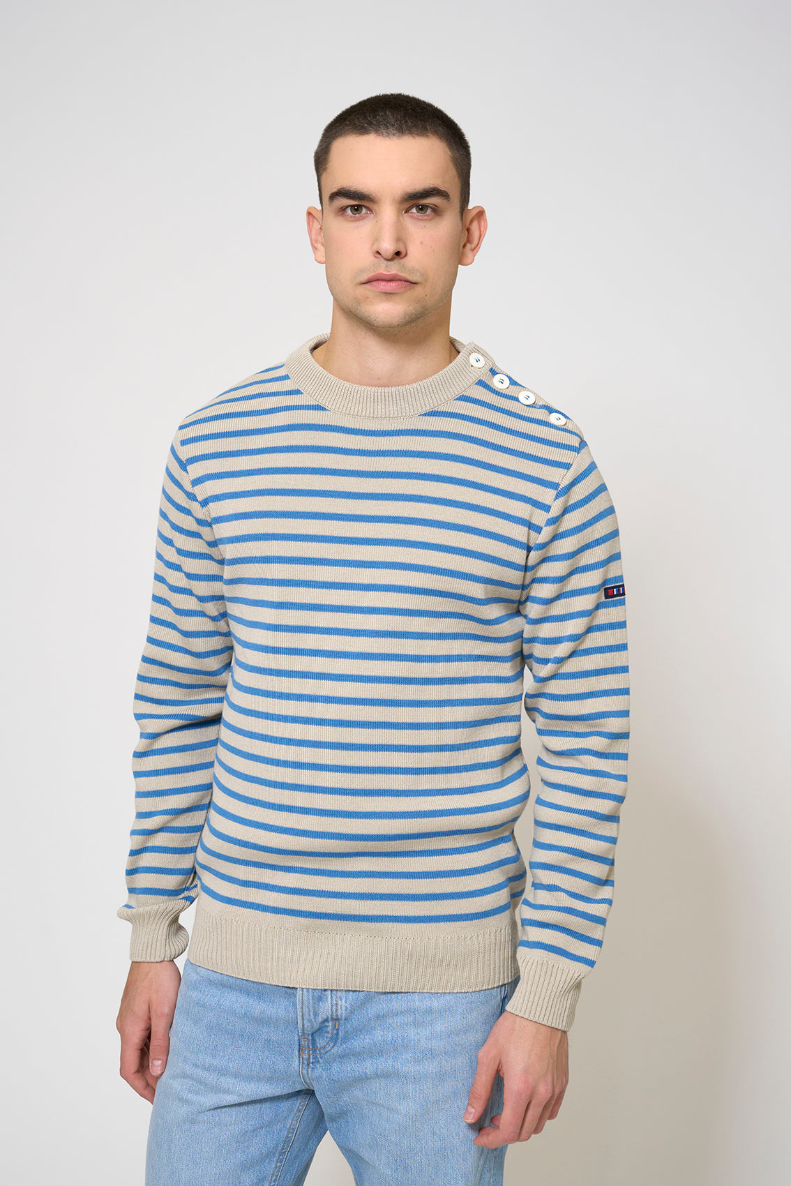 Breton wool sweater with crew neck and buttons 