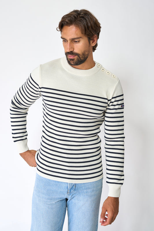 Breton wool sweater with crew neck and shoulder buttons