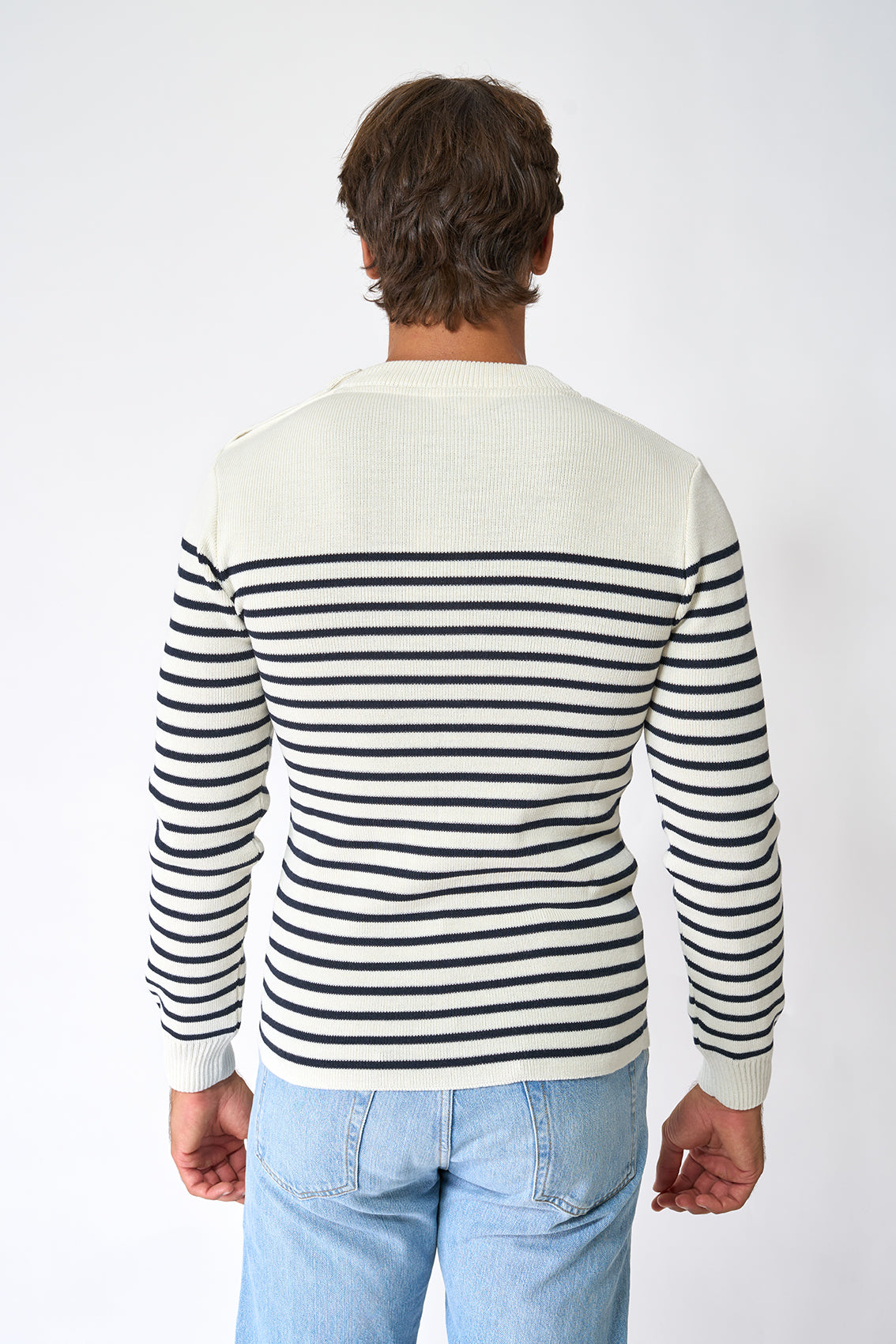 Breton wool sweater with crew neck and shoulder buttons