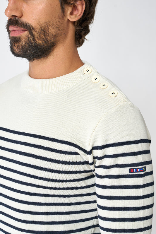 Breton wool sweater with crew neck and shoulder buttons