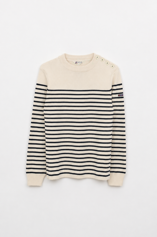 Breton wool sweater with crew neck and shoulder buttons
