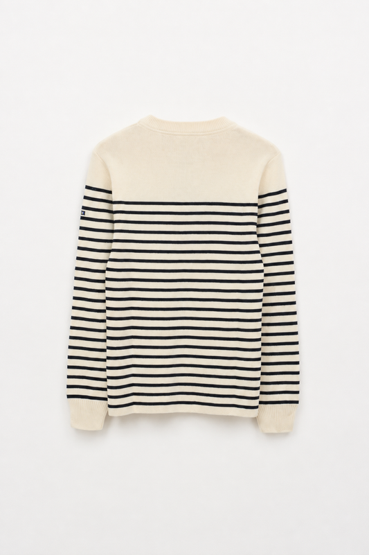 Breton wool sweater with crew neck and shoulder buttons