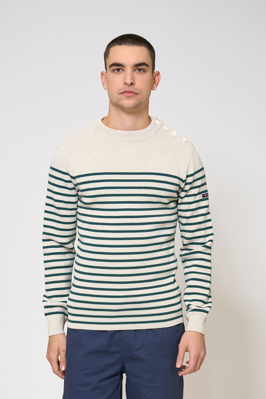 Breton wool sweater with crew neck and shoulder buttons