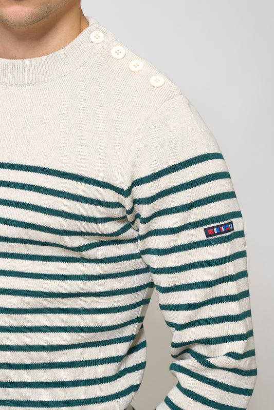 Breton wool sweater with crew neck and shoulder buttons
