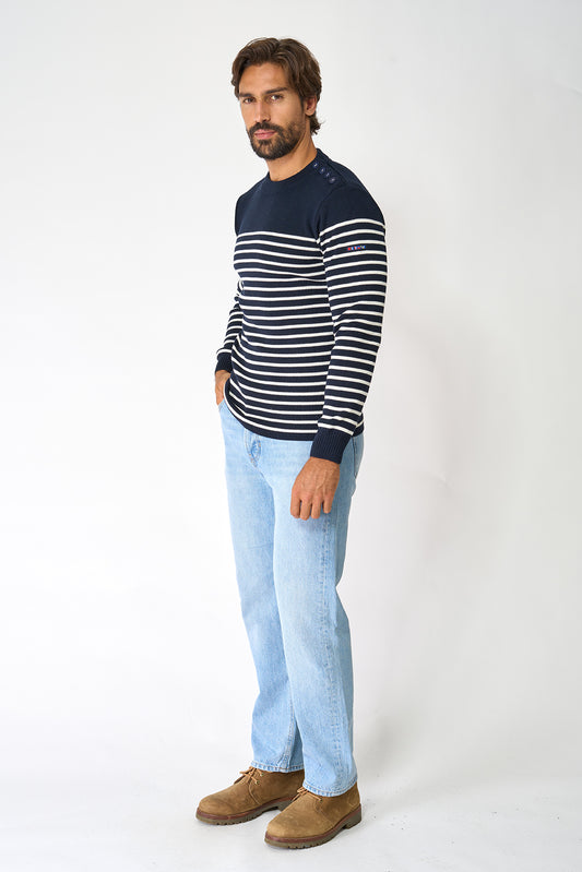 Breton wool sweater with crew neck and shoulder buttons