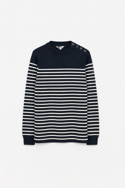 Breton wool sweater with crew neck and shoulder buttons