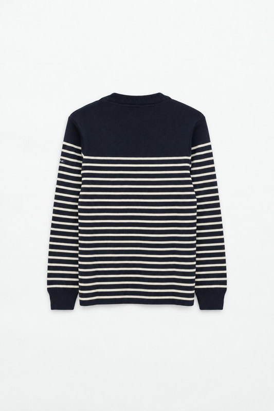 Breton wool sweater with crew neck and shoulder buttons