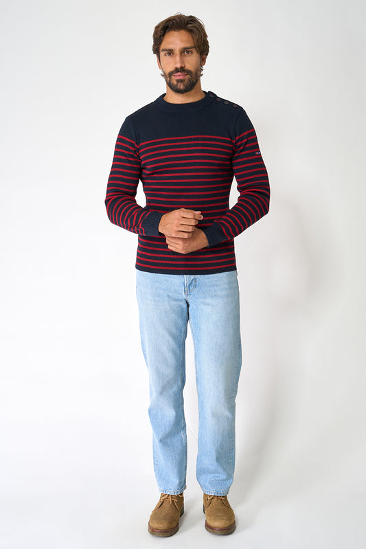 Breton wool sweater with crew neck and shoulder buttons