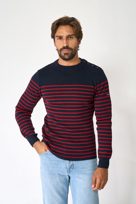 Breton wool sweater with crew neck and shoulder buttons