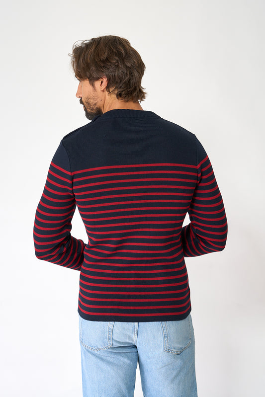 Breton wool sweater with crew neck and shoulder buttons