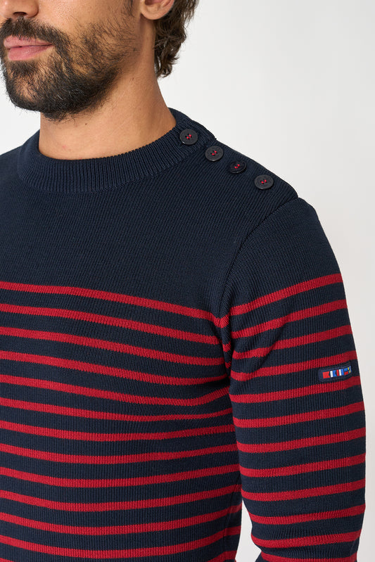 Breton wool sweater with crew neck and shoulder buttons