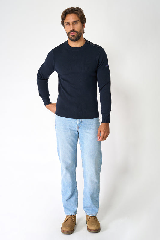 Breton wool sweater with crew neck and shoulder buttons