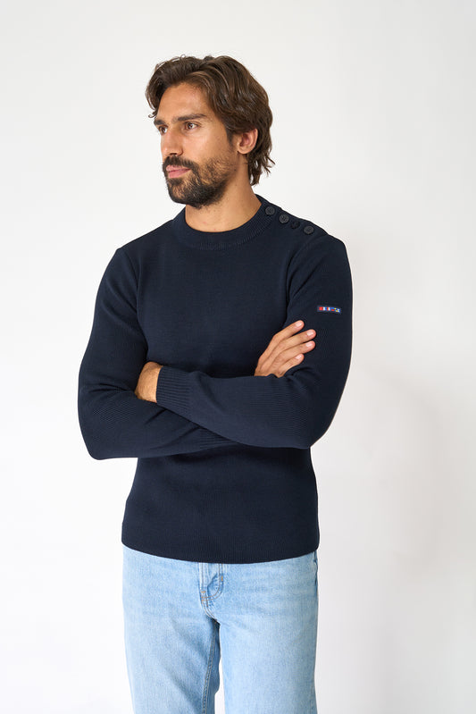 Breton wool sweater with crew neck and shoulder buttons