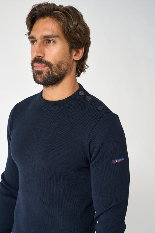 Breton wool sweater with crew neck and shoulder buttons