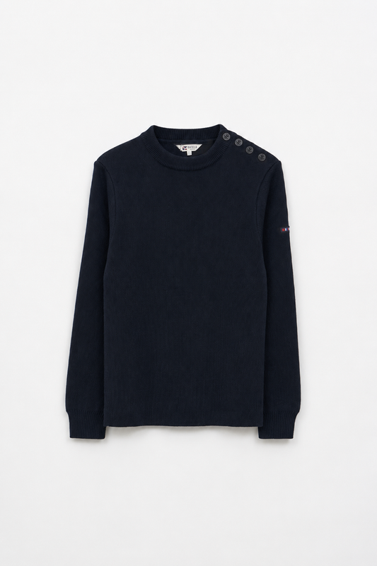 Breton wool sweater with crew neck and shoulder buttons
