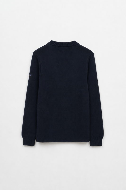 Breton wool sweater with crew neck and shoulder buttons