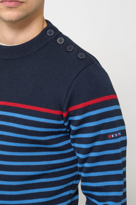 Breton wool sweater with crew neck and shoulder buttons
