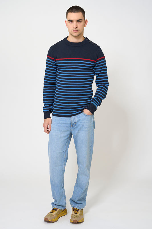 Breton wool sweater with crew neck and shoulder buttons