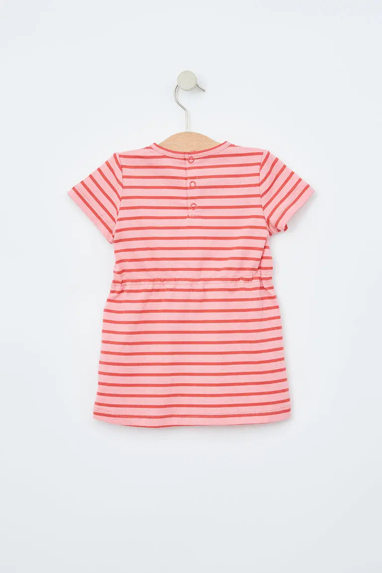 Baby cotton dress with short sleeves and sailor stripes and drawstring