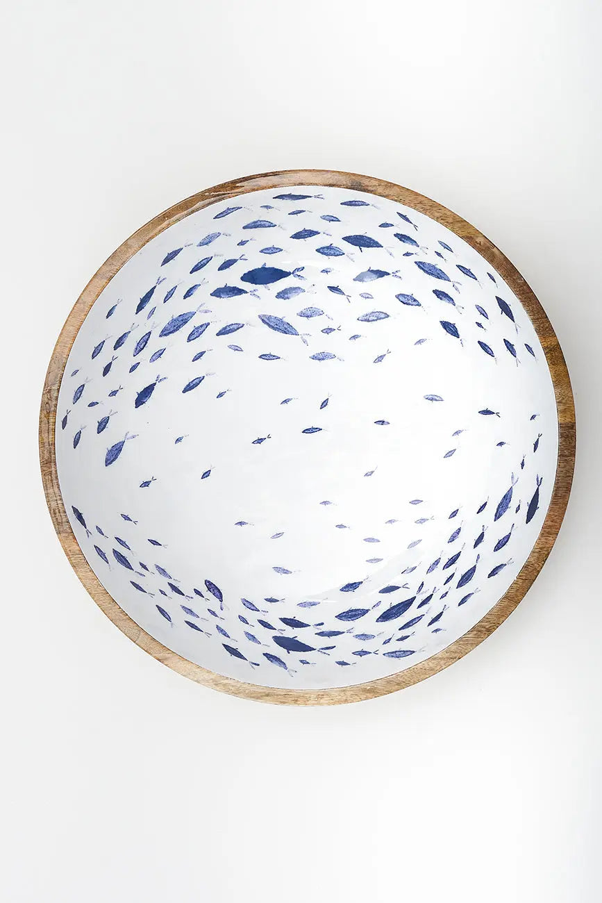 Grand bol en bois émaillé avec poissons
