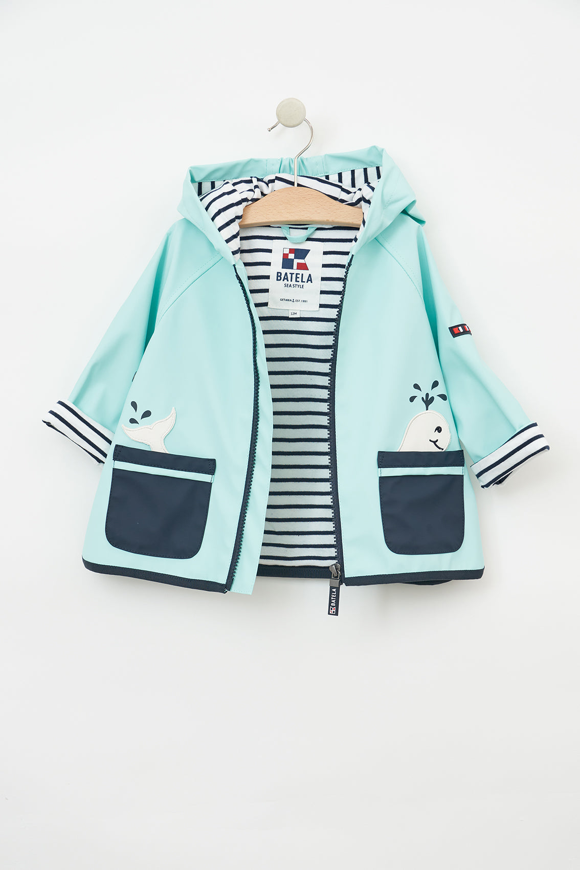 Baby raincoat with whale pockets and striped cotton lining (OUTLET)