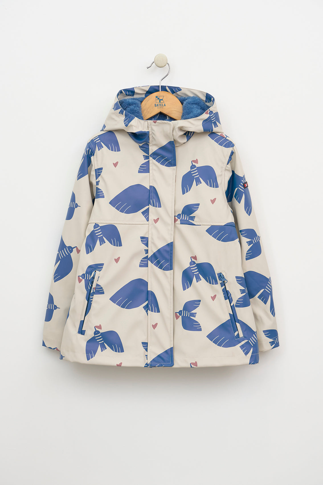 Kids’ polyurethane patterned raincoat with furry lining