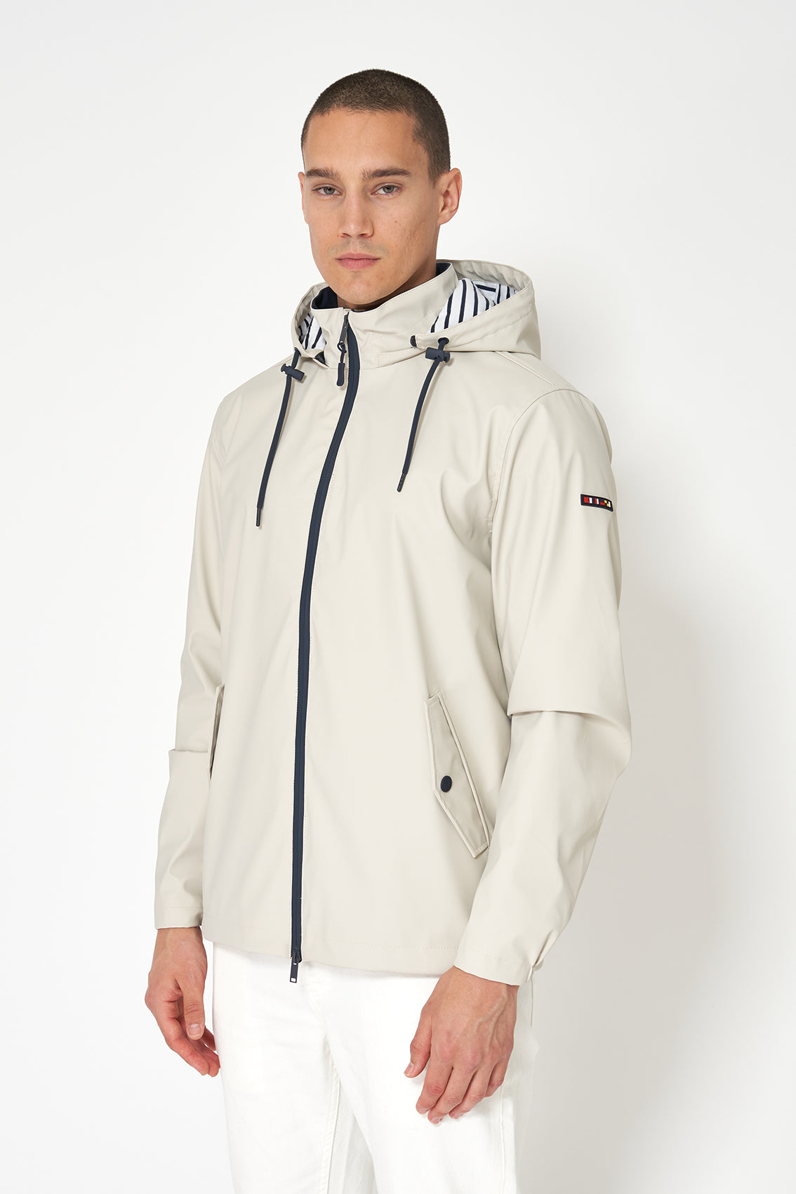 Nautical raincoat with striped cotton lining