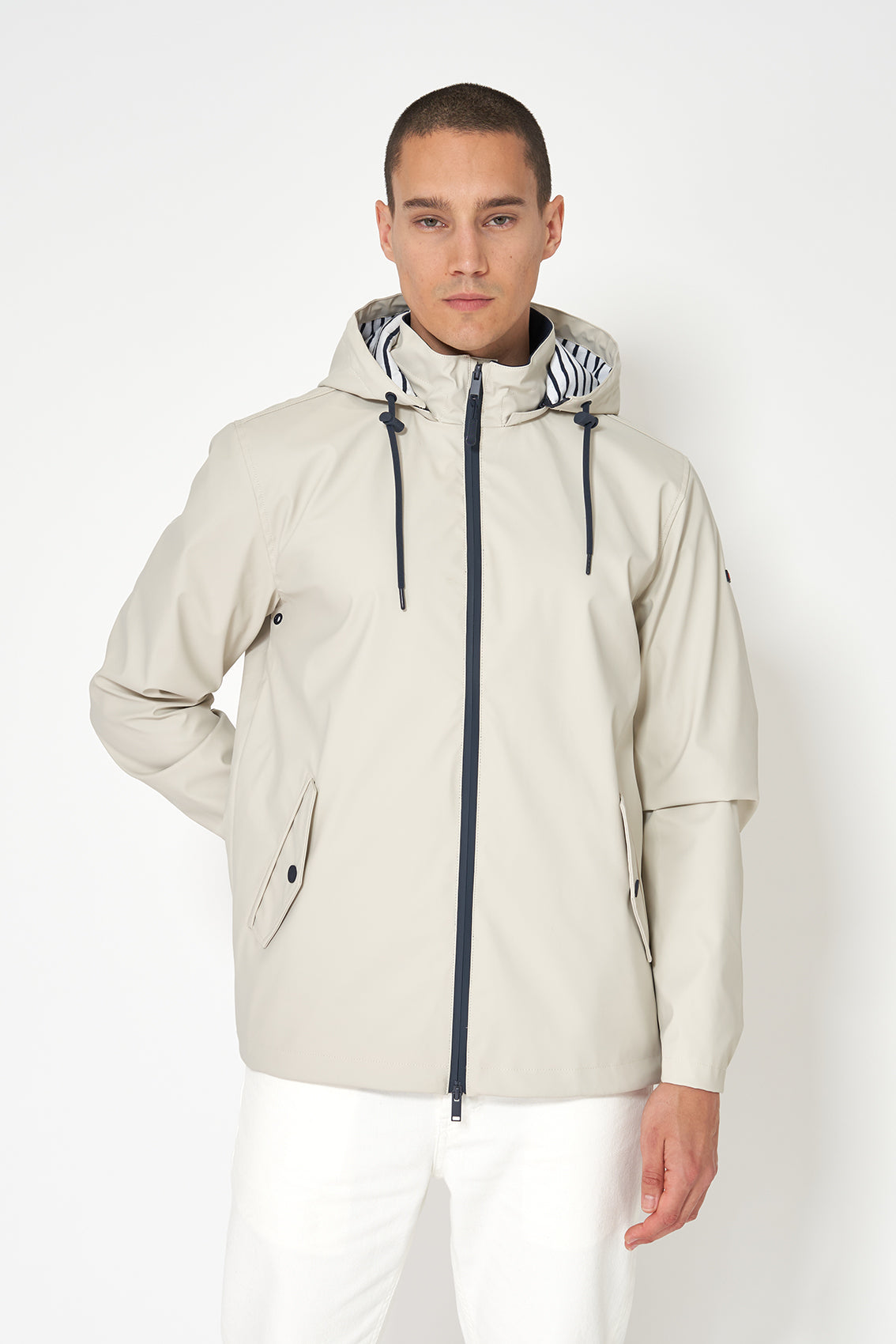 Nautical raincoat with striped cotton lining