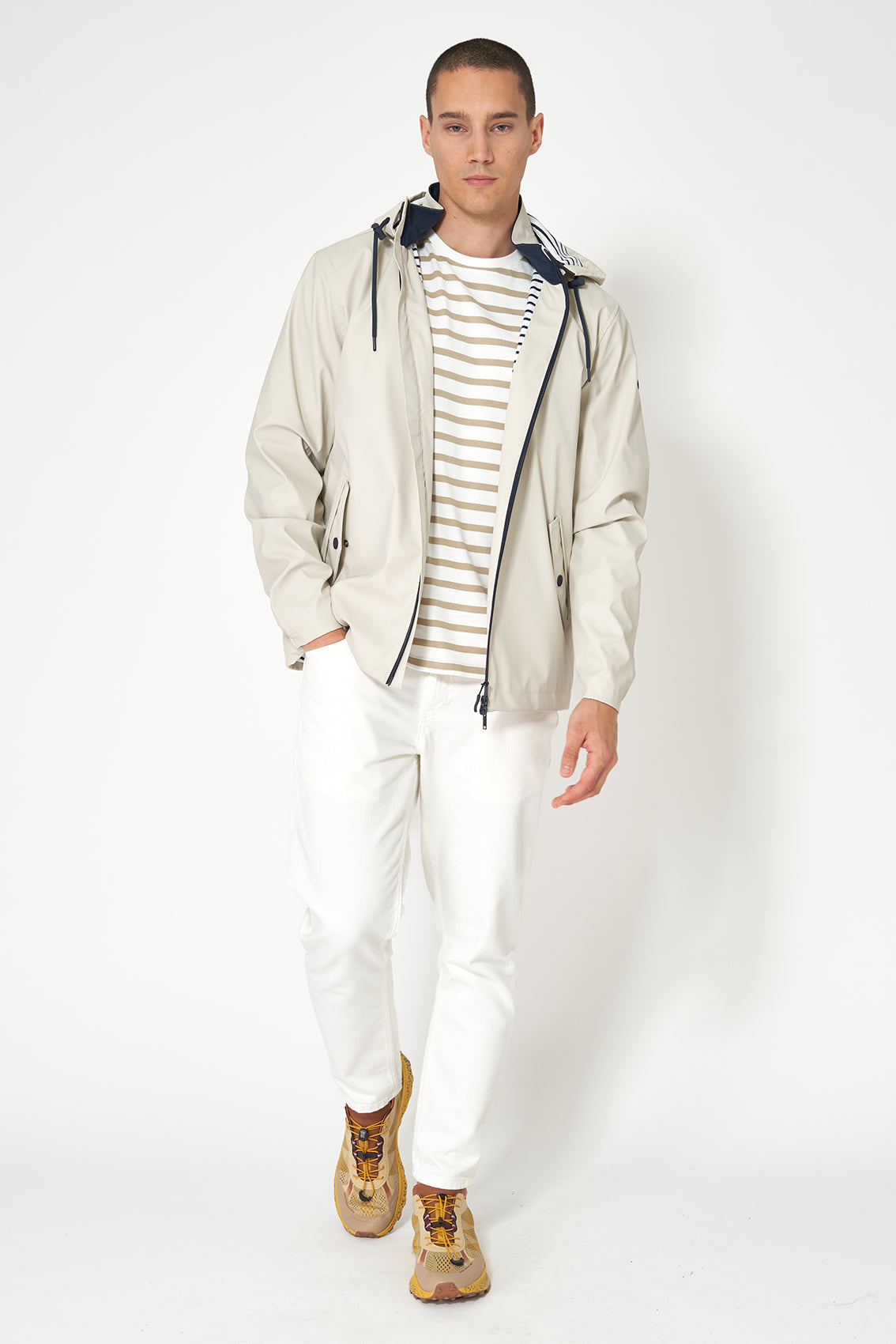 Nautical raincoat with striped cotton lining