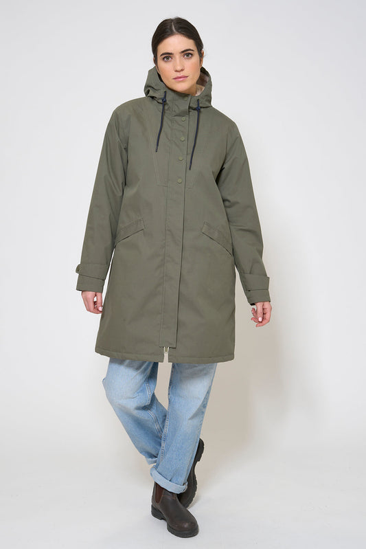 100% waterproof cotton, sherpa-lined coat