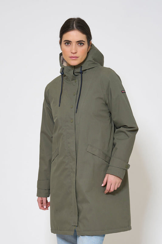 100% waterproof cotton, sherpa-lined coat