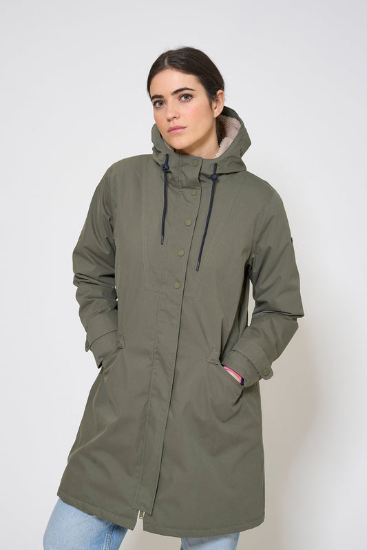 100% waterproof cotton, sherpa-lined coat