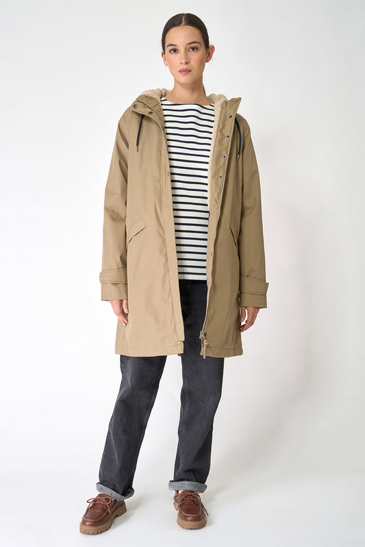 100% waterproof cotton, sherpa-lined coat